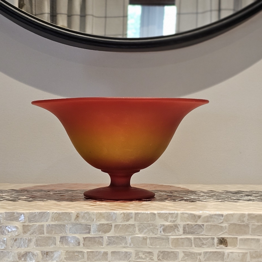 Vintage Tiffin Satin Glass Compote – Sunset Ombre Red to Amber Pedestal Bowl